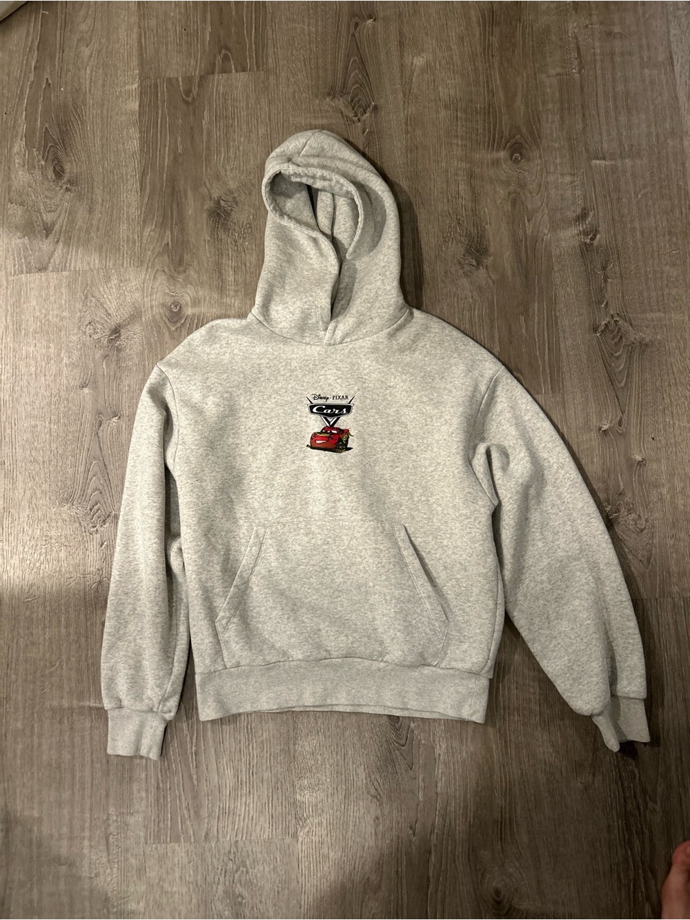 Bershka Light Gray Hoodie with Small Red Car Graphic